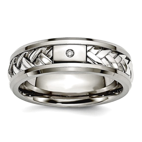 Titanium 925 Sterling Silver Inlay Polished 1pt. Diamond 7mm Band Ring Size 11 Ring for Women and Men