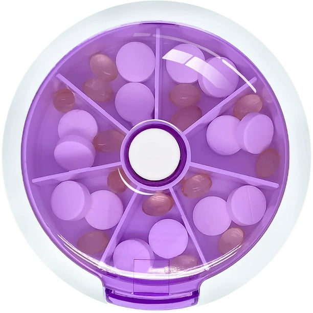Organizador de pastillas semanal, pastillero, 7 días, 3 veces, dispensador de pastillas, botón giratorio, planificador de pastillas con 7 compartimentos (morado) WD.WDQZL Hogar