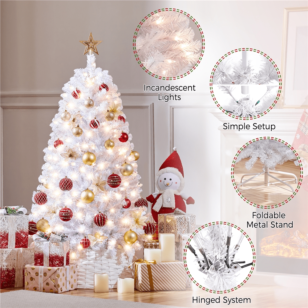 Alden Design 4.5ft Pre-lit Flocked Artificial Christmas Tree with Foldable Stand, White