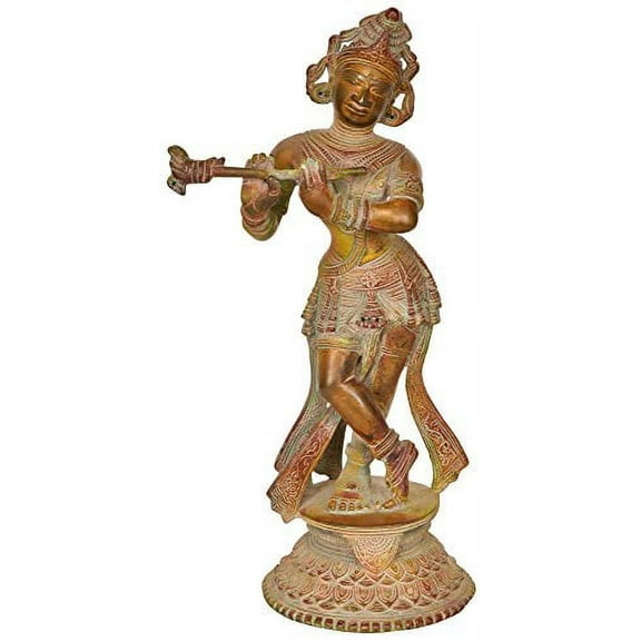Exotic India Krishna with Long and Beautiful Braided Hair - Brass Statue