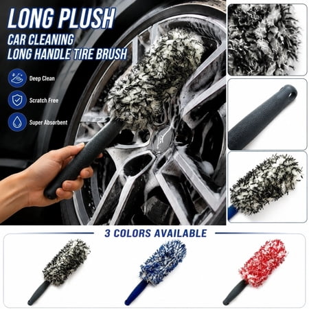 Car Detailing Accessory Wheel Brush Car Wash Brush with Handle Soft Bristle Brush 11X2 Inch Black Fluffy Long-Handle Car Rim Tool Flexible Head for Full Contact with Uneven