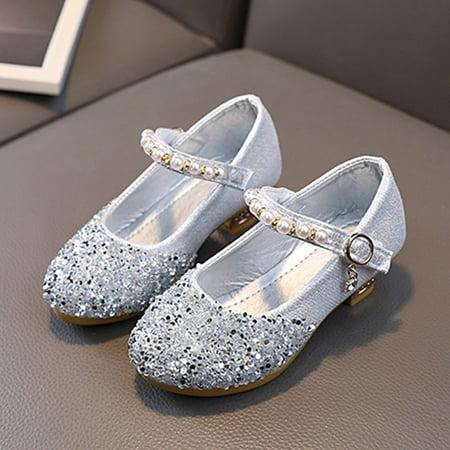 

RUICUW Fashion Summer Children Sandals Girls Casual Shoes Low Heel Buckle Shiny Pearl Sequins Dress Dance Shoes 4-4.5 Years