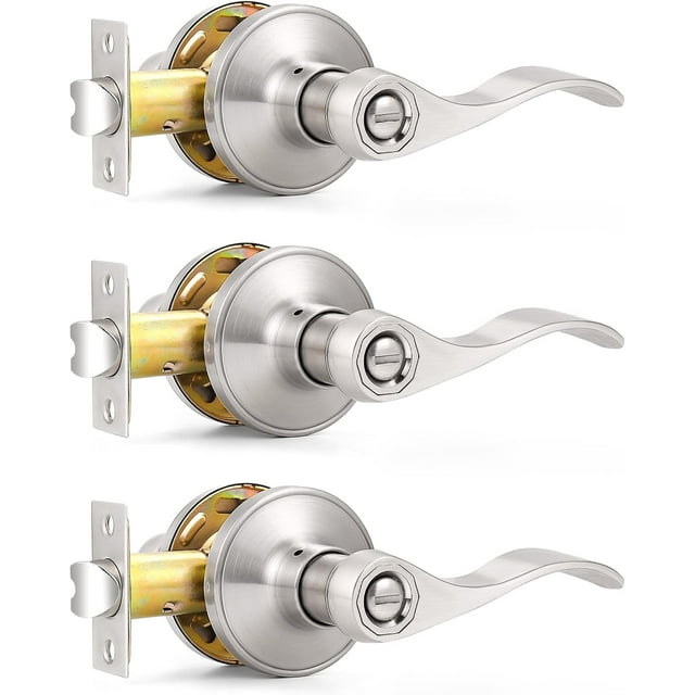 Wave Style Privacy Bed Bath Door Levers in Satin Nickel Finish Interior Keyless Door Handles Locksets