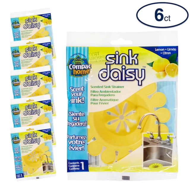 Compac's Sink Daisy, Passoire d'Évier de Cuisine Parfumée - Infuse et Rafraîchit Votre Évier avec des Parfums Frais, Propres et Excitants, Tout en Protégeant les Broyeurs à Ordures et les Drains, Citron, Jaune, 2 Unités (Lot de 3)