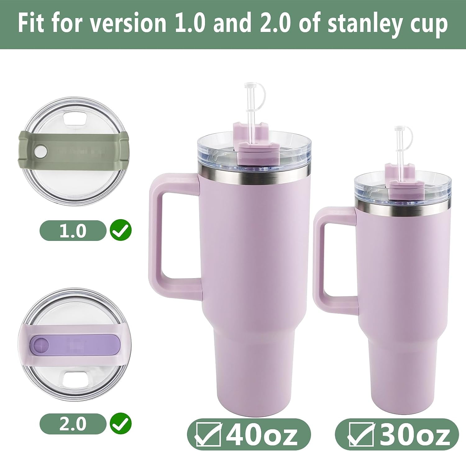 2Sets Silicone Spill Proof Stopper for Stanley 40/30 oz Quencher H2.0&1.0  Tumbler with Handle for Stanley Cup Accessories Including 2 Straw Cover  Cap, 2 Round Leak Stopper 2 Square Spill Stoppers 