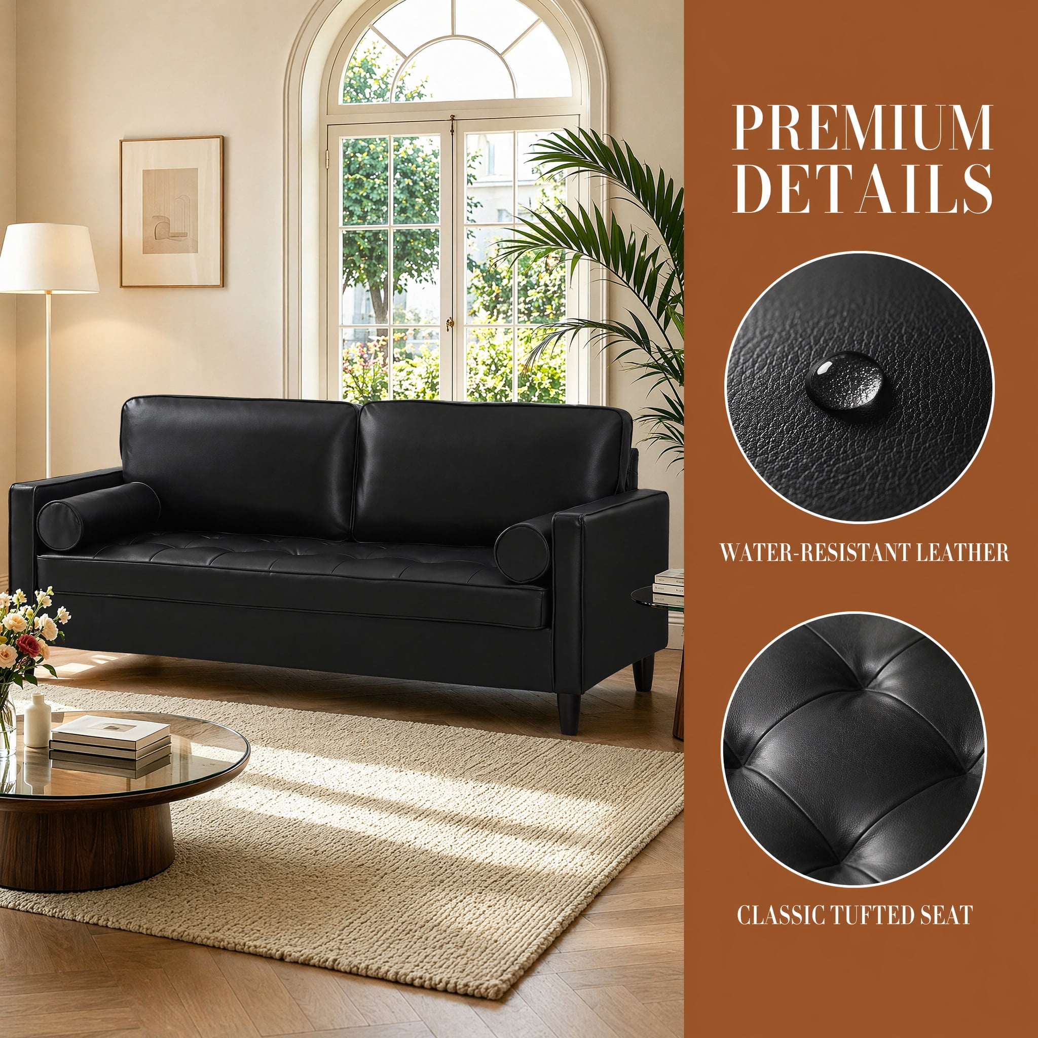 Faux Leather Sofa with Tufted Seat Cushion and Solid Wood Legs, 74.5-Inch 3-Seater Couch for Living Room, Black