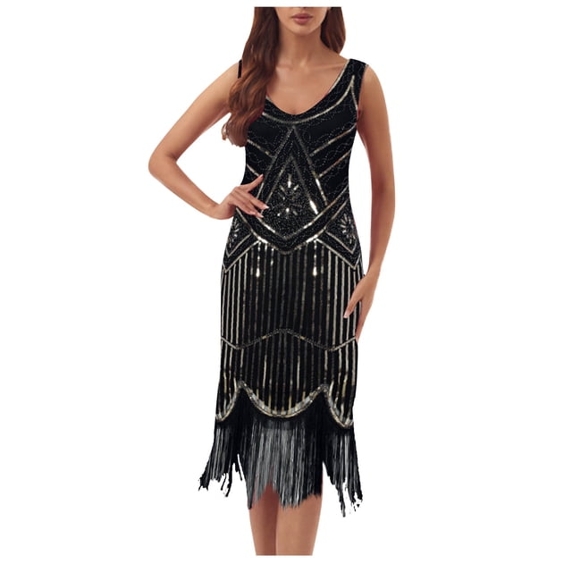 zanvin Robes d'Été, Robe à Franges à Paillettes Sans Manches à Col Rond pour Femmes pour le Printemps et l'Été, Robe de Fête, Banquet, Danse, Robe Courte