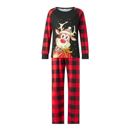

Amuver Family Matching Christmas Pajamas Sets Baby Romper/Elk Print Long Sleeve Tops + Plaid Pants Loungewear Suit