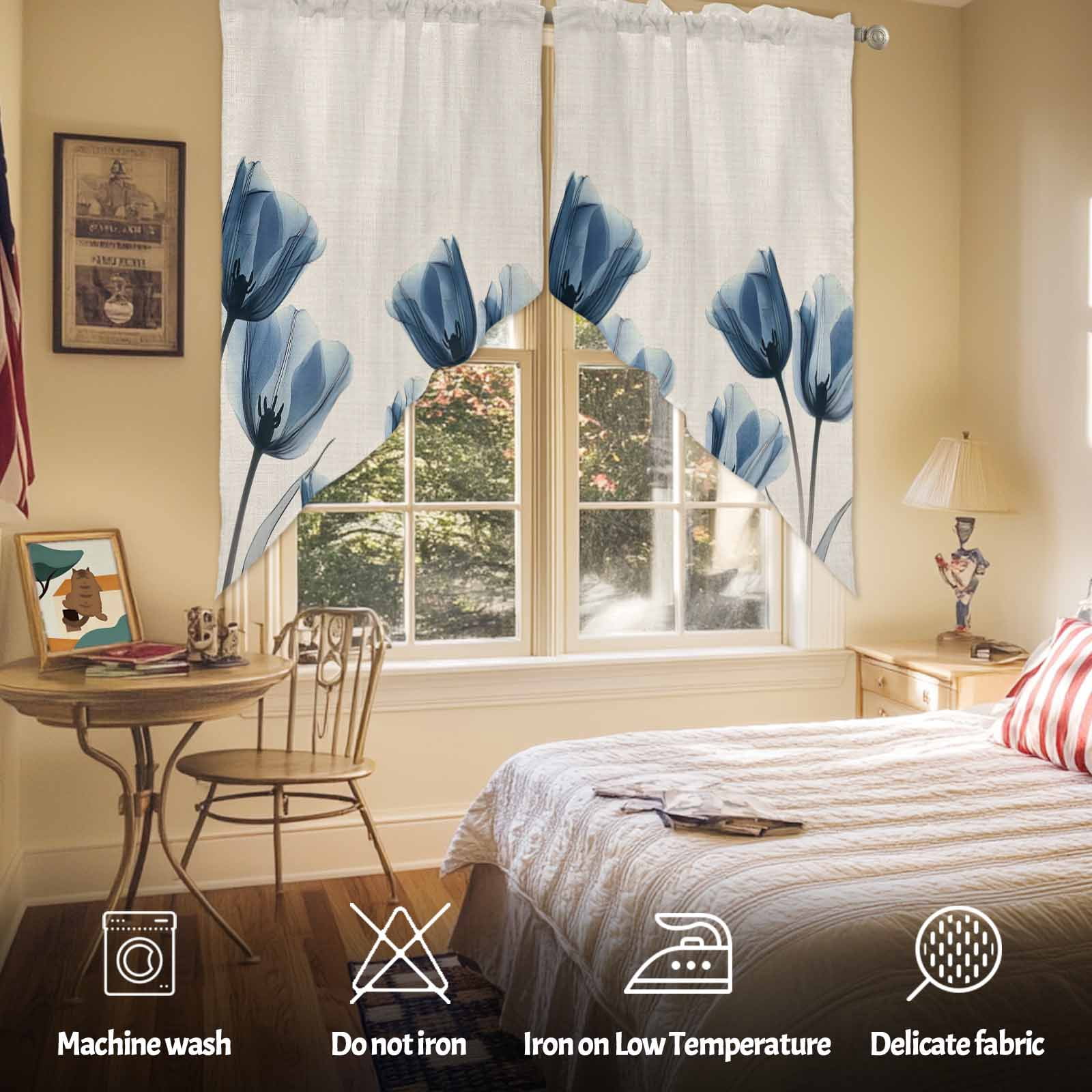 Navy Blue Swag Valances for Windows 2 Pack Tulip Minimalist Modern Flower Art Linen Background Swag Kitchen Curtains 45 Inches Long Rod Pocket Short Window Treatment for Kitchen Bathroom 36"x45"
