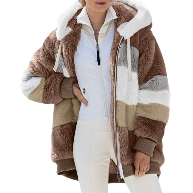 Womens Winter Fuzzy Fleece Jacket Hooded Color Block Patchwork Cardigan Coats Outerwear with Pockets Khaki L