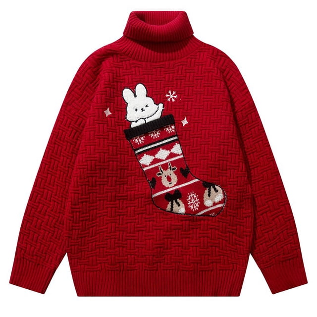 Gibobby Suéteres de invierno Suéter navideño de cuello para mujer con top de punto informal con diseño de punto de conejito (Rojo, XL)