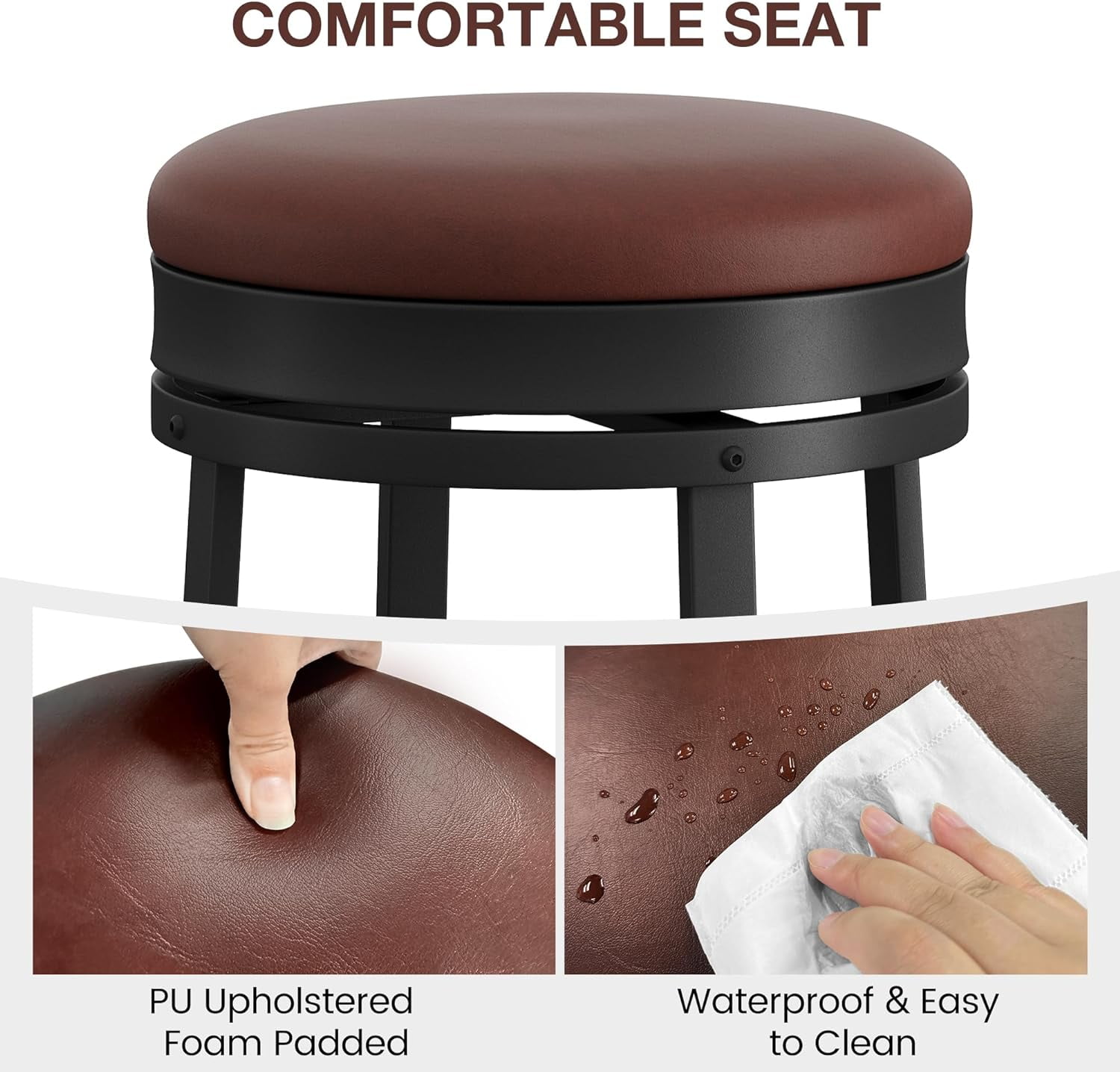 Garvee Set of 4 Swivel Bar Stools, 24" Counter Height Barstools with PU Leather Cushion, Backless Round Kitchen Bar Stools with Footrest, Brown Metal Frame