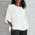 thumbnail image 2 of Women's 3/4 Length Sleeve Tops Cotton Linen Plus Size Shirts Solid Color Crew Neck Fashion Casual Loose Blouses (XL, White), 2 of 7