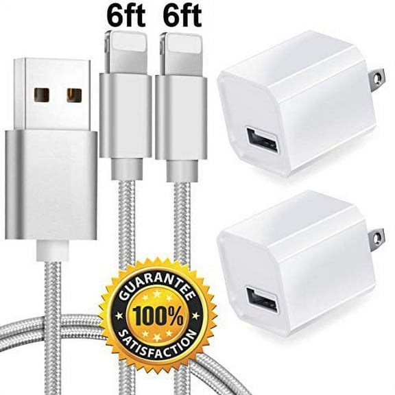 Chargers 5W USB Power Adapter Wall Charger 1A Cube for Plug Outlet w/ 6FT Nylon Braided Charging Pad Cable Cord Compatible wtih iPhone X Case/8/8 Plus/7/7 Plus/6/6s/5s,iPad Mini (2-Pack Silver)