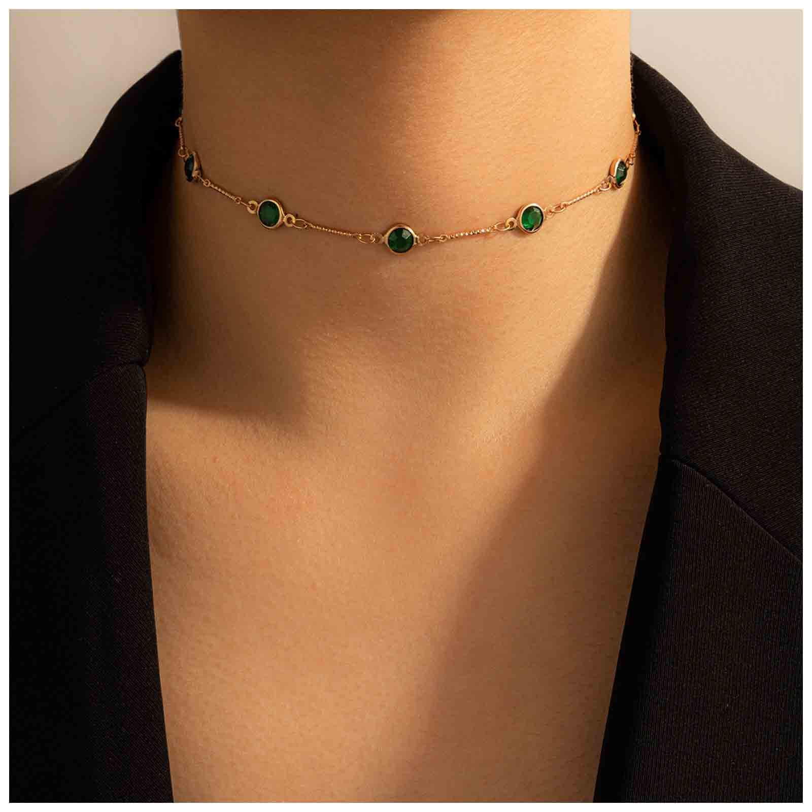 Boho Emerald Green Choker Necklace Green Gemstone Bead Necklace Round Emerald Necklace Short Cz Collar Necklace Chain Jewelry for Women and Girls Walmart