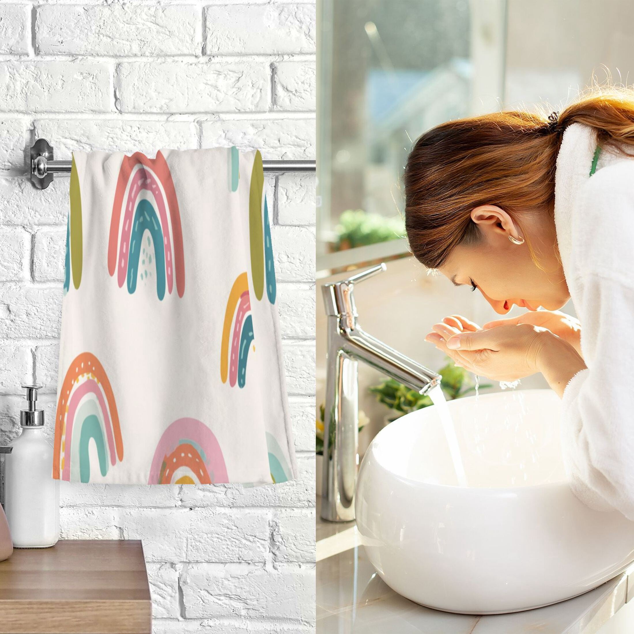 2 Pieces of Cotton Towel Face Towel Set Hand Towel Bath Towel Cotton Bath Towel Sets Colorful Cartoon Rainbow Pattern