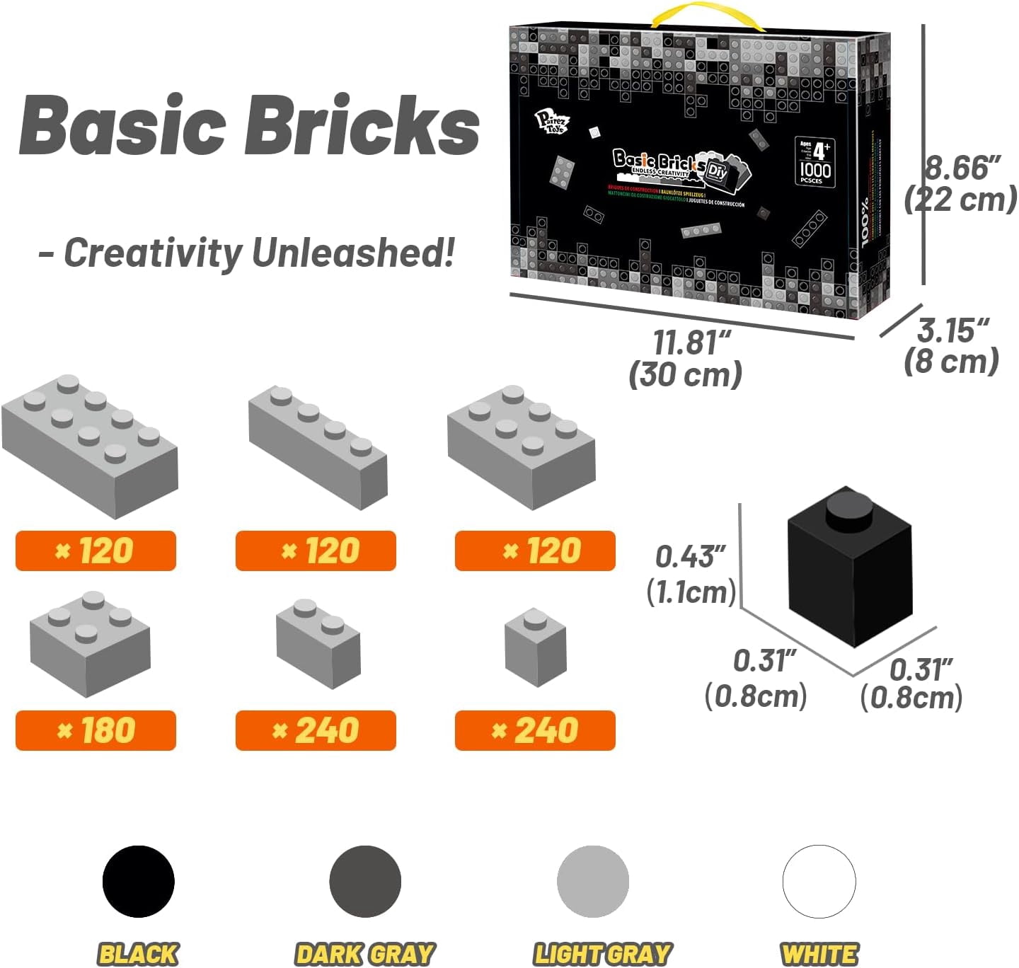 Pairez Toys Building Bricks 1000 Pieces in Black, Grey & White Colors. Building Block Toys for Children Aged 4+