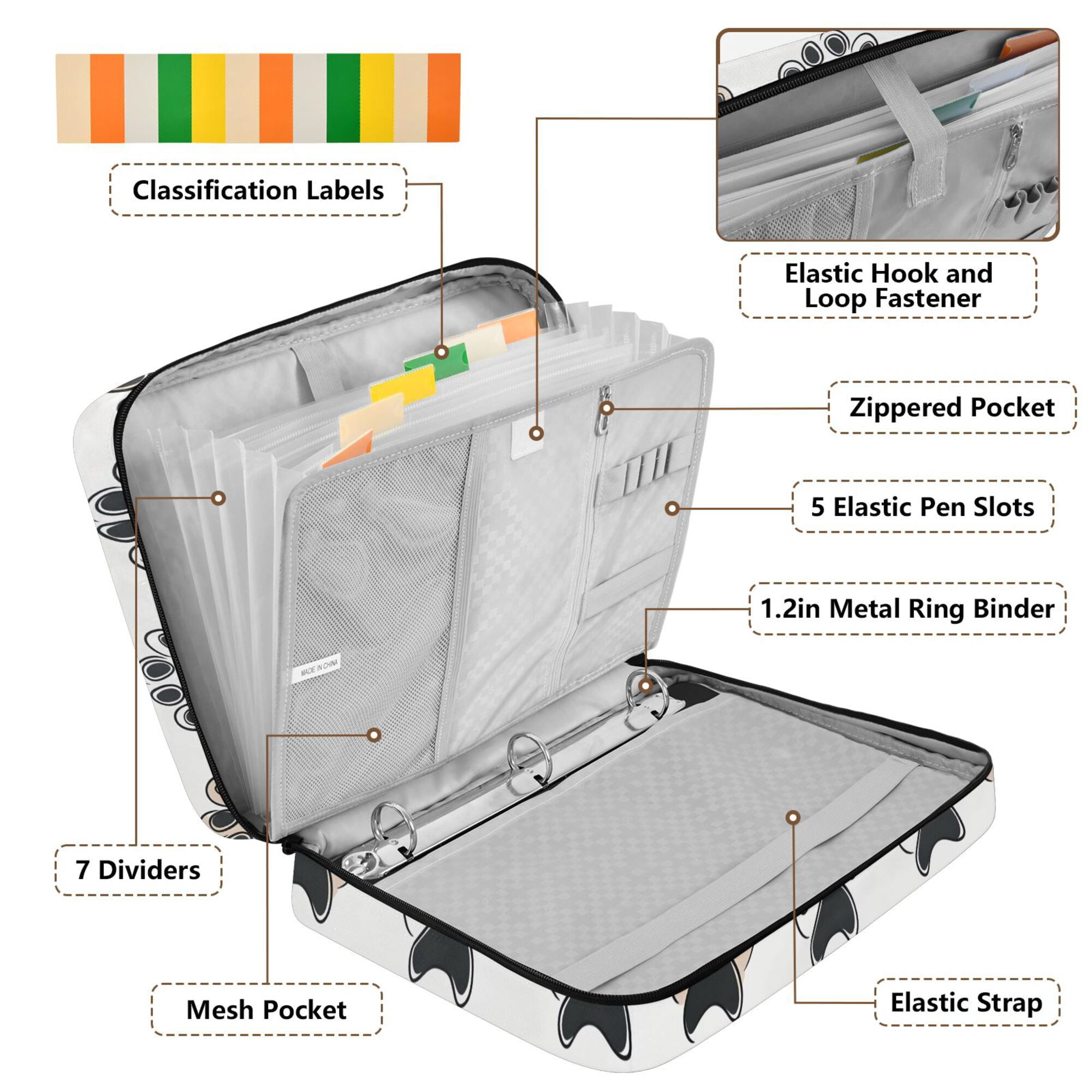 FORMRS Accordion File Folder A4 Size 7-Pocket Expanding Document Organizer Bag with 3 Ring Binder, Cartoon Cat Paw