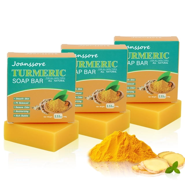 Paquete de 3 barras de jabón de cúrcuma para limpiador facial y corporal, jabón de cúrcuma natural, barra de jabón de cúrcuma orgánica hecha a mano, jabón facial de cúrcuma suave, piel suave e hidrata