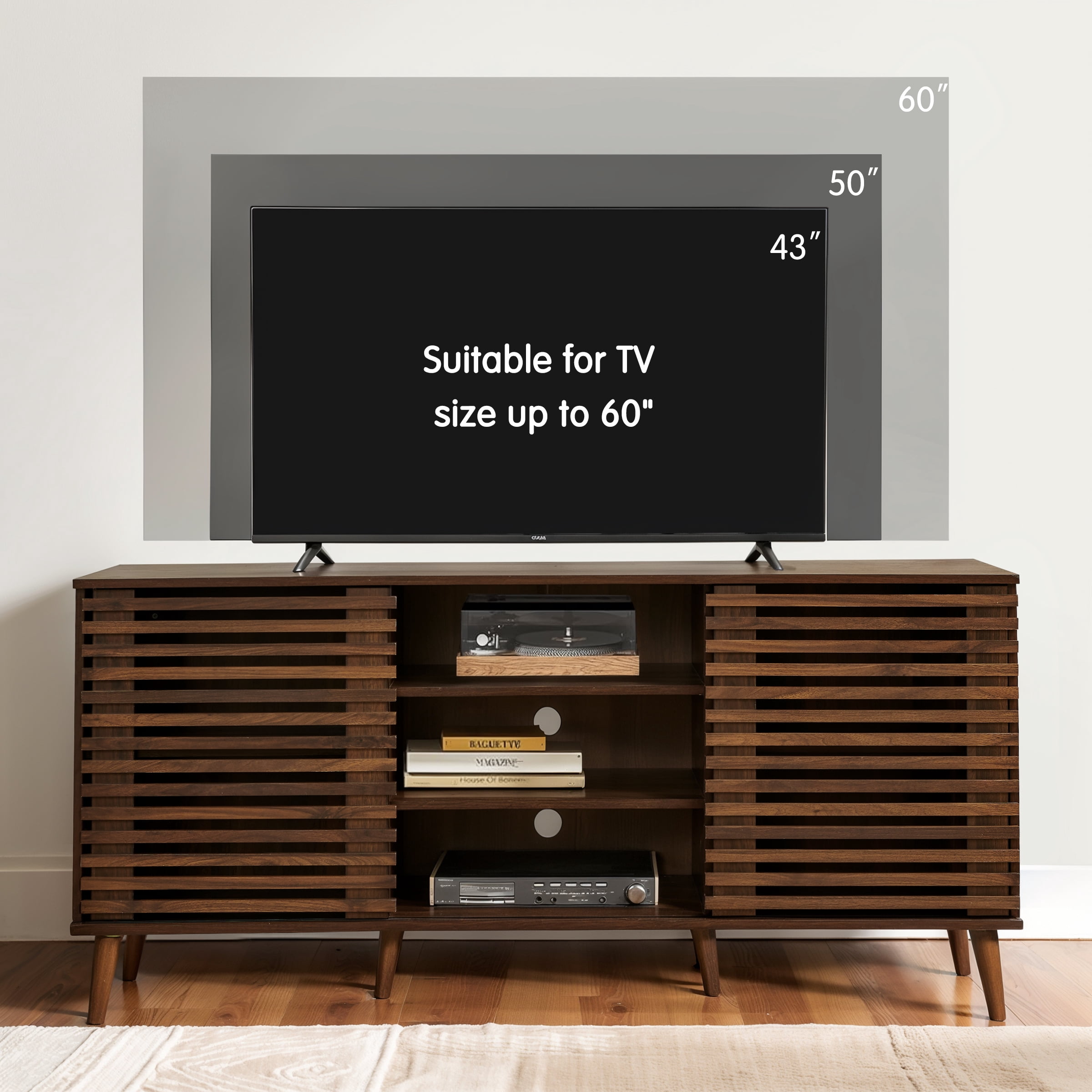 Subrtex Mid-Century Modern TV Stand Entertainment Center for TVs up to 60", Walnut Wooden Media Console with Slatted Doors & Adjustable Shelves for Living Room Storage