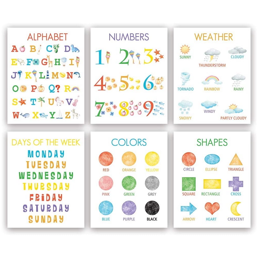 Set of 2 3 4 6, Learning, Education Prints for Children's Bedroom Nursery  or Playroom, Feelings, Weather, Shapes, Days, Numbers, Alphabet 