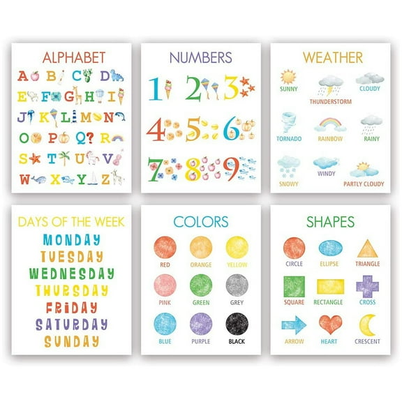 Colorful Kid Educational Art Print, Cute Numbers, Alphabet, Weather Wall Art Poster, Set Of 6(8X10, Unframed), Watercolor Early Learning Canvas Painting Poster For Classroom, Nursery, Playroom Decor
