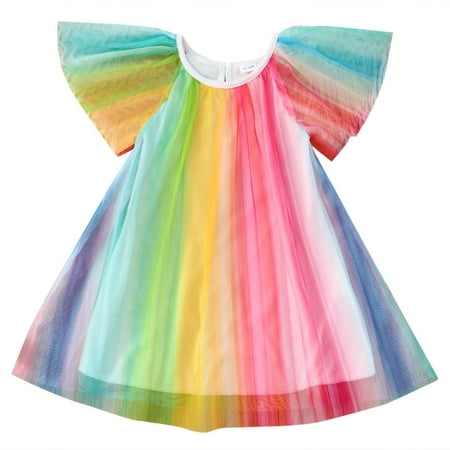 

Toddlers Girls Baby Summer Short Sleeve O-Neck Rainbow Mesh Dress Birthday Beach Dress Child Sundress Streetwear Kids Dailywear Outwear