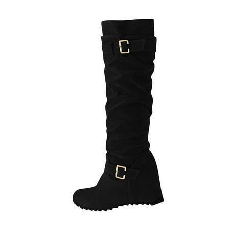 

Boots for Women Clearance Deals! Verugu Chunky Heel Knee-High Boots Women s Knee-High Boots Women s Warm And Comfortable Suede Belt Buckle All Match Inner Heightening Boots Black 39