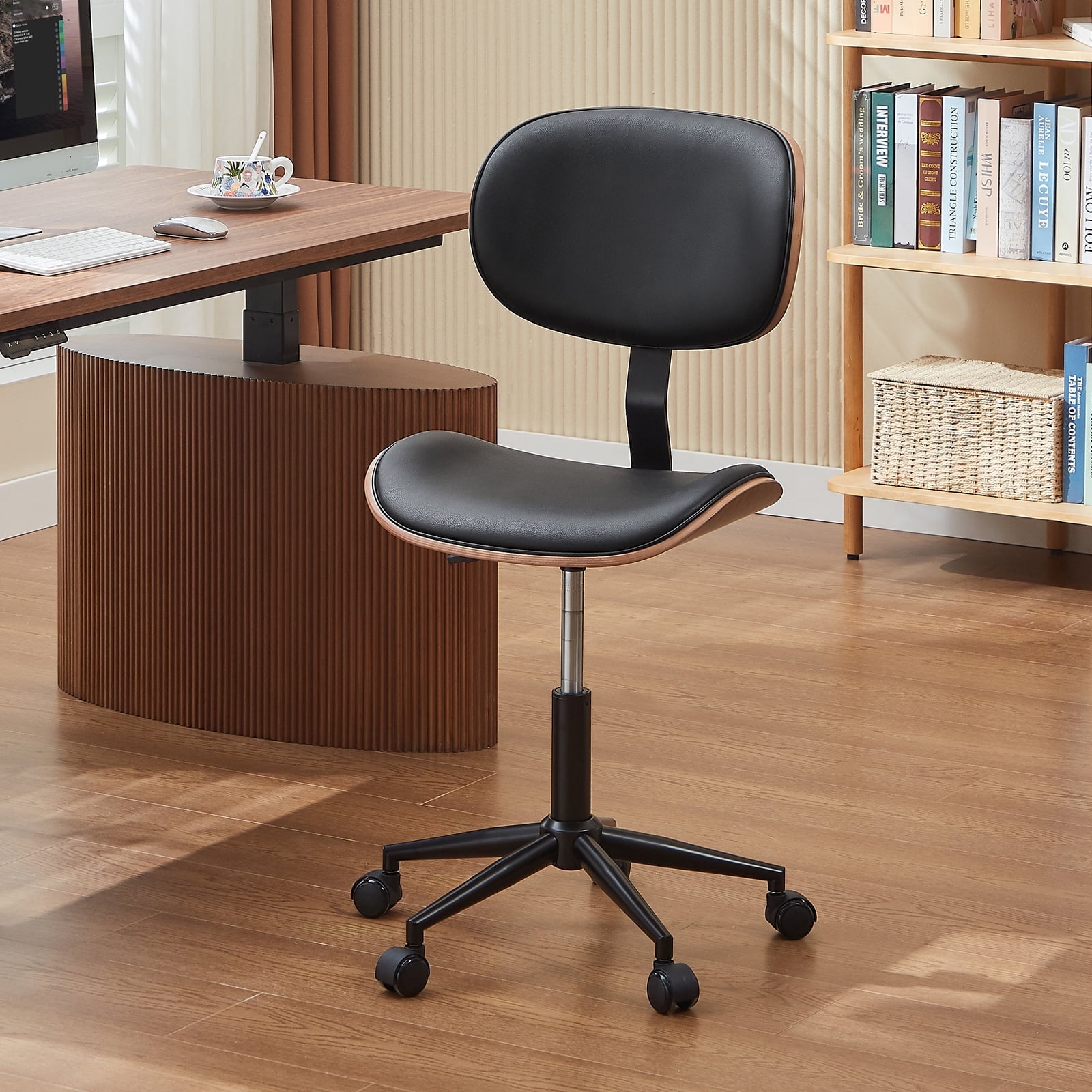 Bestier Bentwood Ergonomic Armless Office Desk Chair with Wheels, Comfy Computer Chair with Lumbar Support, PU Leather Mid Back Adjustable Height 360° Rolling Swivel Task Chair No Arm for Home, Black