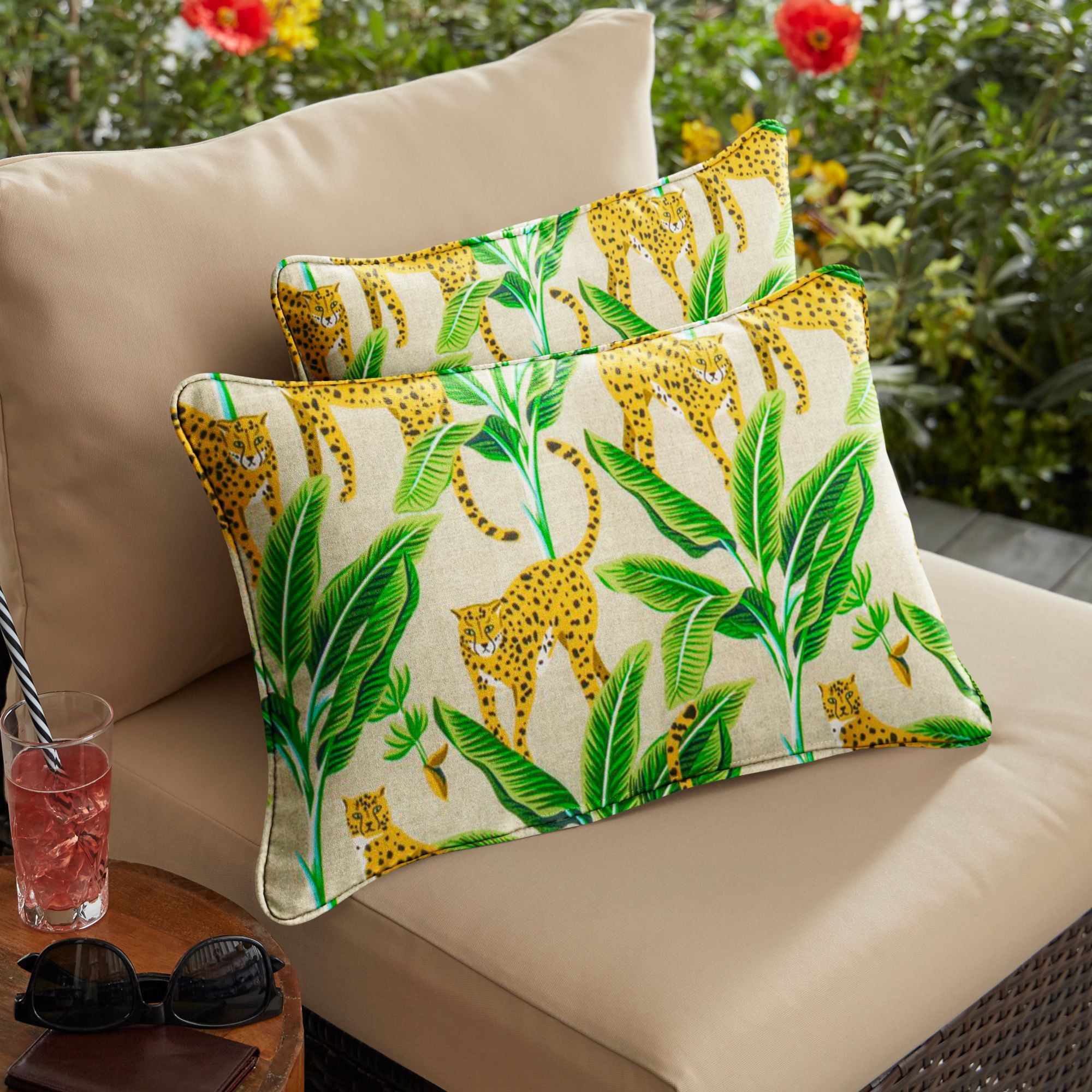 Set of 2 Yellow and Green Corded Indoor and Outdoor Lumbar Pillow, 20"