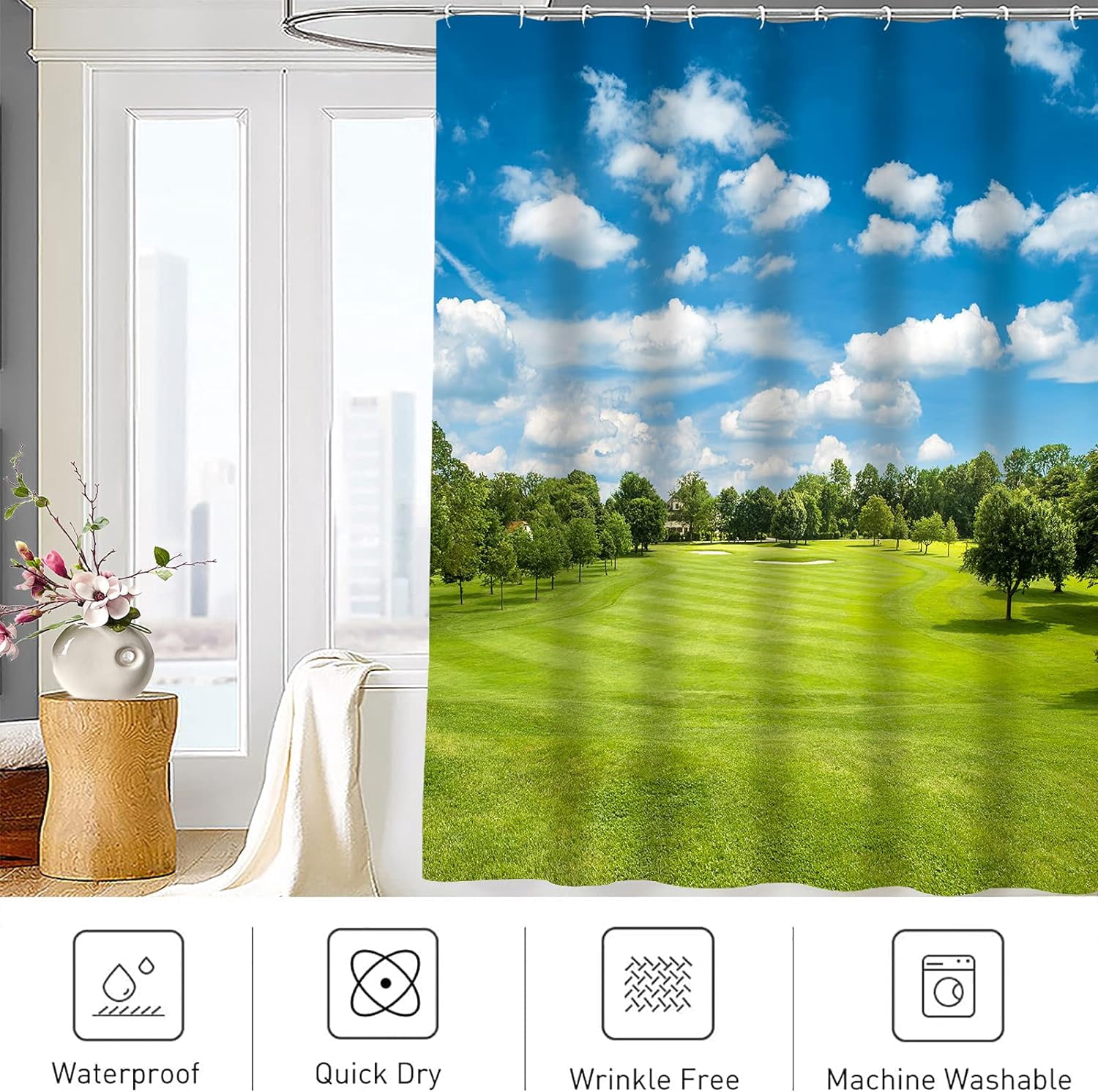 Golf Shower Curtain Course Green Golf Field and Blue Cloudy Sky Sunny Polyester Fabric Shower Curtain Sets with Hooks Waterproof Bathroom Decoration 72x72 Inch
