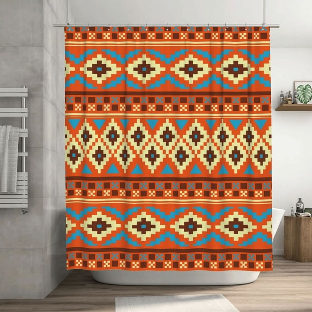Motif Géométrique Rétro Tribu Aztec Shower Curtain avec 12 Crochets, Rideaux de Bain Imperméables pour Décorations de Salle de Bain, 72 x 72 Pouces