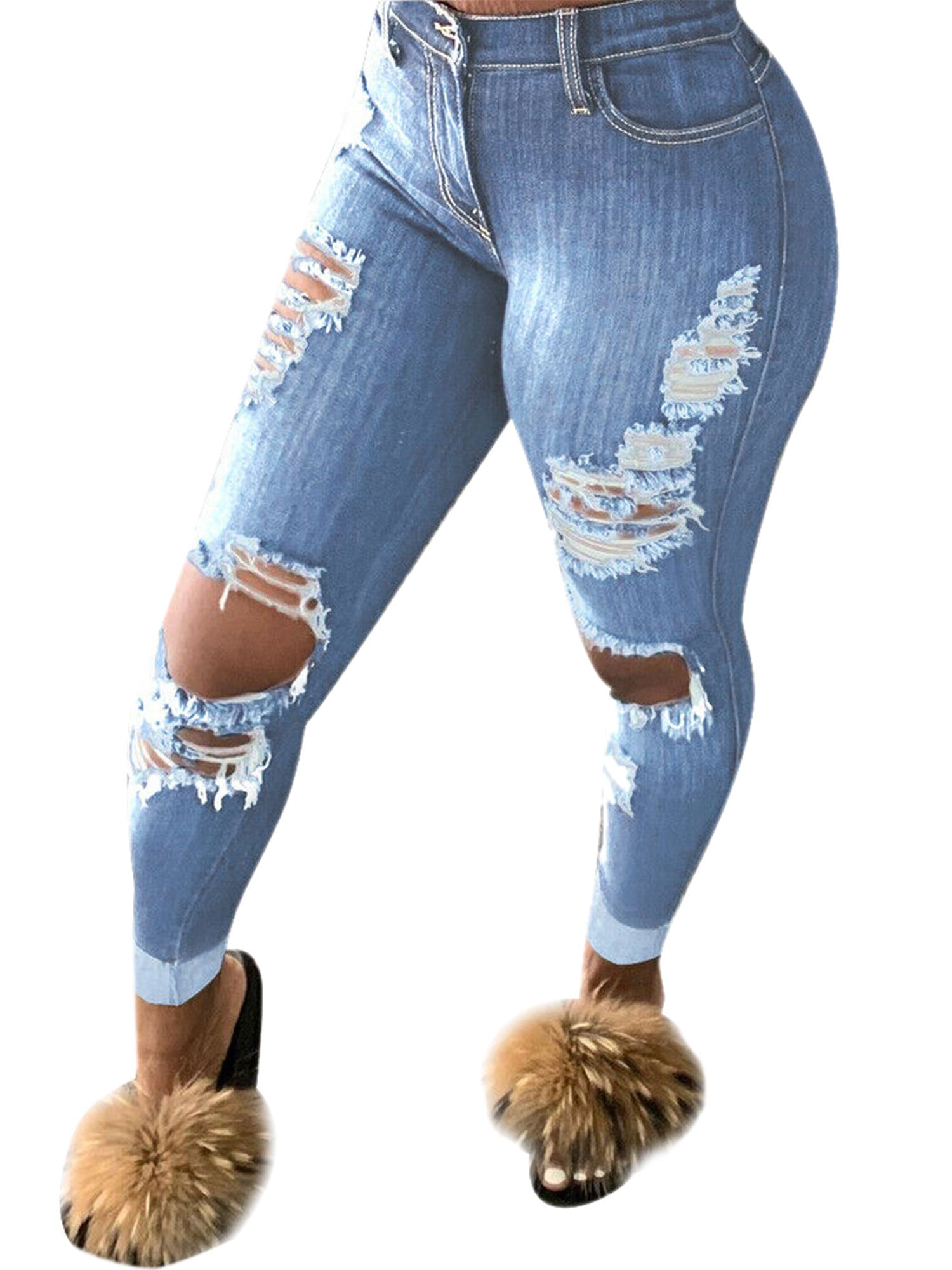 ❤️ Women's Casual Skinny Ripped Stretch Jeans High Waist Denim Pants Trousers US