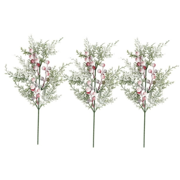 Wosthever 3 pack/lote flores artificiales de Navidad experimentan la belleza de púas de cedro flocadas artificiales realistas bayas de copo de nieve 3 palos