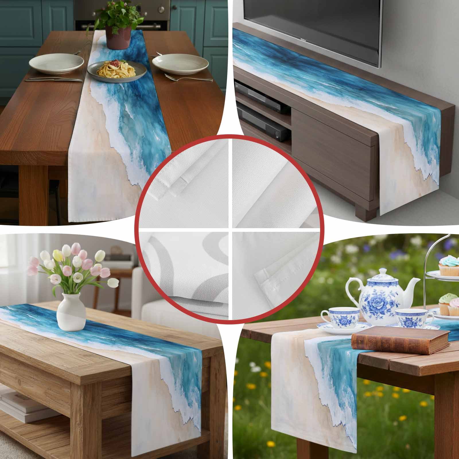 Blue Waves Summer Beach Table Runner 90 Inches Long, Gradient Water Ripples Table Runners Tabletop Scarf Kitchen Dining Tables Decoration for Home Party Indoor Outdoor