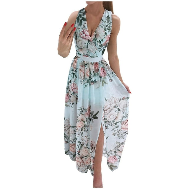 Pompotops Femmes de la Mode Décontractée en Angleterre en Vrac Sans Manches Imprimé V-Cou Robe de Sol-Longueur
