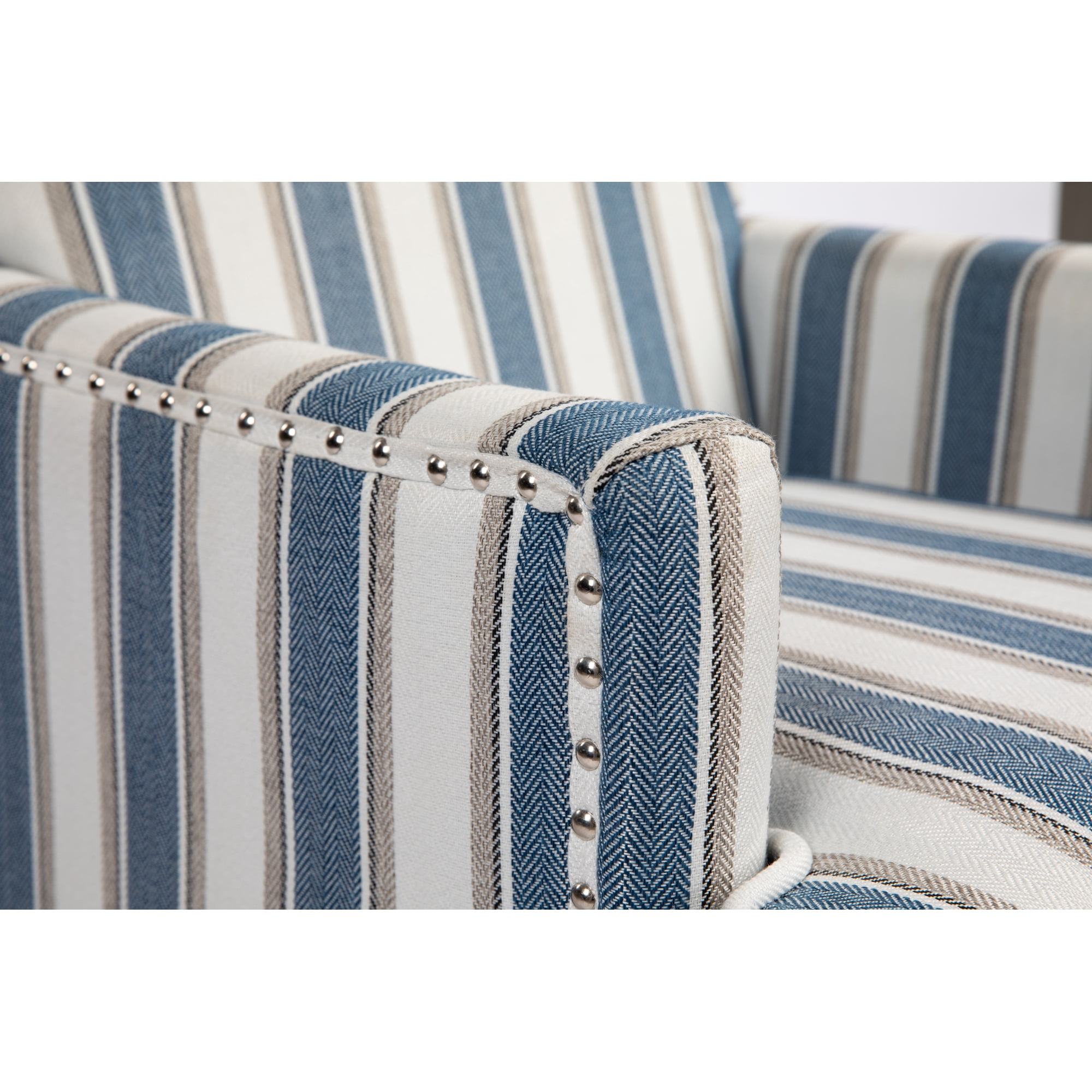 Accent Chair, Living Room Chair, Upholstered Armchair with Blue and White Striped Linen Fabric Solid Wood Frame Nailhead Trim Vintage Design, Blue
