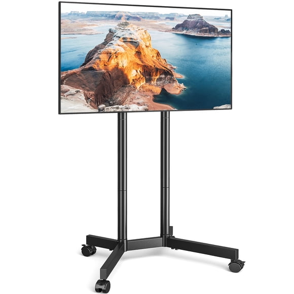 RTVR Rolling TV Cart Stand for 32 to 70 inch Flat Curved Screens, Mobile TV Stand on Wheels, Metal Black