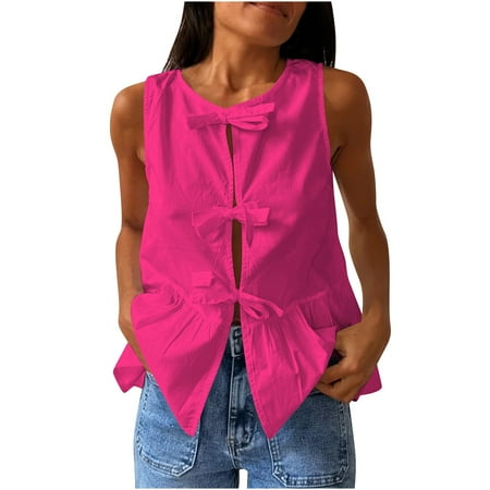 JGGSPWM Women s Sleeveless Bow Tie Front Peplum Tank Top Loose Fit Cut Out Babydoll Blouse Summer Shirt Y2K Ruffle Hem Lace Up Vest Hot Pink M