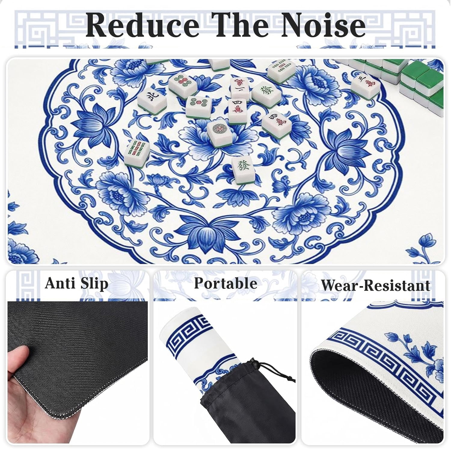 Mahjong Mat with Black Carrying Bag Floral Blue Oriental Non-Slip Noise Reduction Gaming Mat 31.5" x 31.5" Rubber Multi Purpose Game Table Cover for Mahjong Card Dominoes Board Tile Games