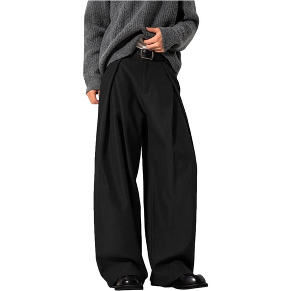 CONZONE Men's Baggy Suit Pants Wide Leg Dress Pants for Men Trendy Buttons Solid Color Soft Formal Business Trousers With Pocket