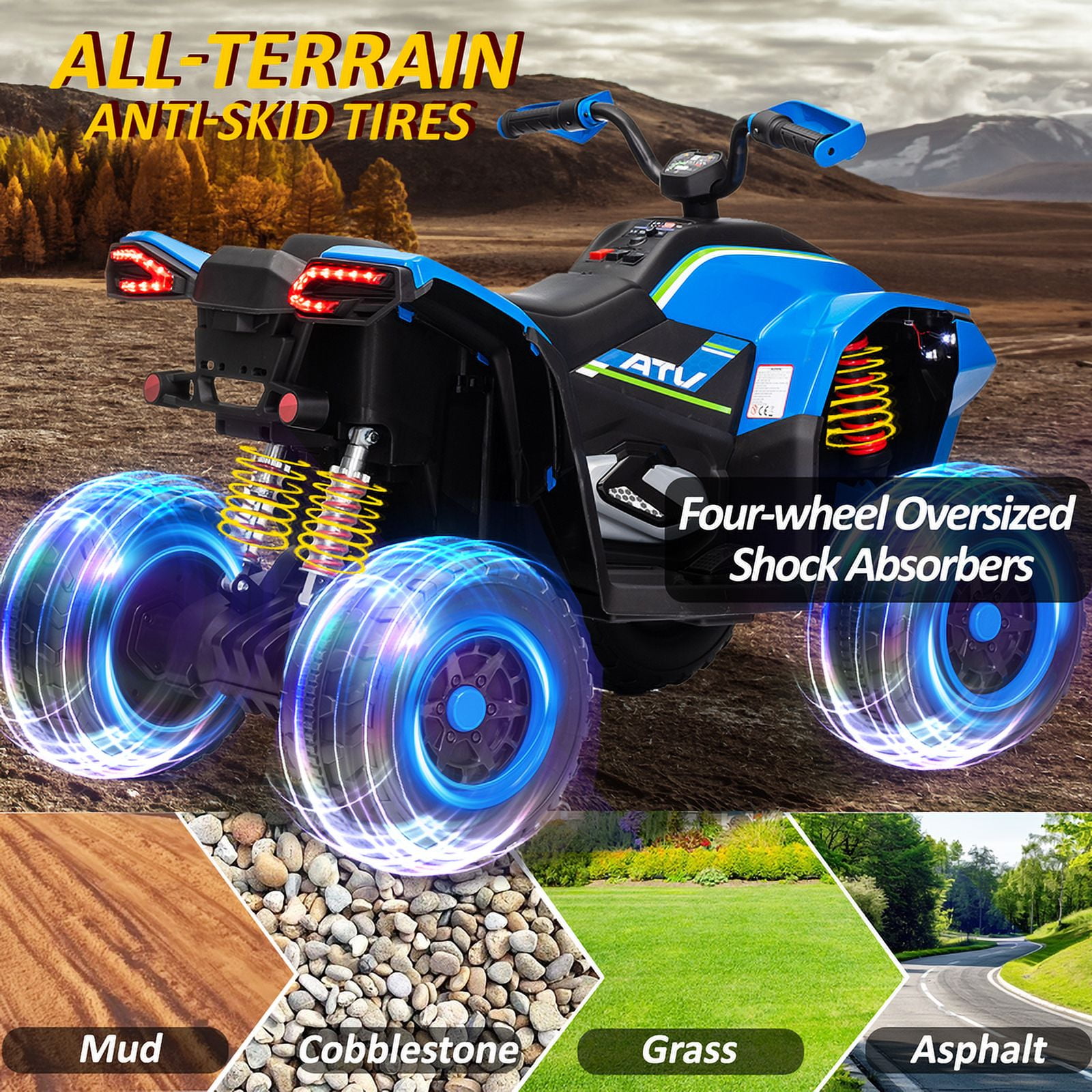 Kids ATV 4 Wheeler, 24V 2 Seater Electric ATV Quad w/4WD Motor, Protective Gear Set, Bluetooth, LED Lights, Spring Suspension, Battery Powered Ride on Toys for Big Kids, Boys, Girls, Christmas, Blue