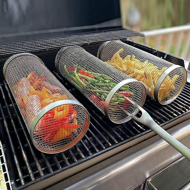 Cesta para parrilla rodante Cesta cilíndrica para parrilla Cesta para parrilla rodante de acero inoxidable sin tenedor, parrilla para parrilla Accesorios de cocina para parrilla al aire libre