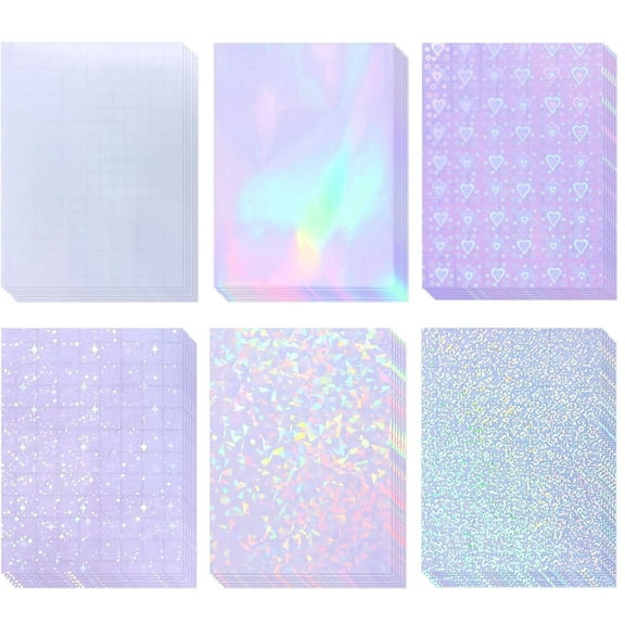 36 Sheets Holographic Laminate Sheets Transparent Holographic Sticker Paper Self Adhesive Laminating Sheets Clear Vinyl Waterproof Overlay for Sticker Pape, 8.5x11 inch 6 Patterns