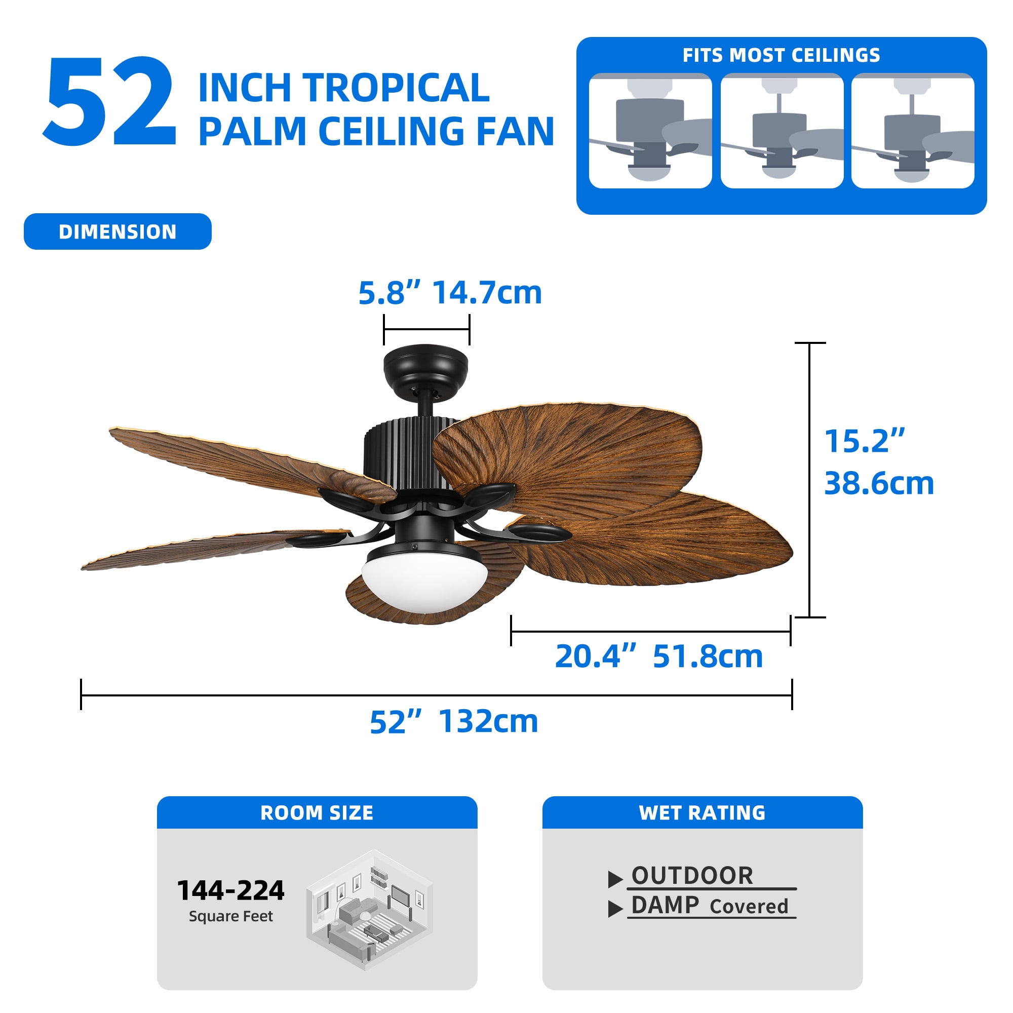 Uforic 52-Inch Tropical Ceiling Fan with LED Light and Remote,5 Palm Leaf Blades ceiling fan - Brown
