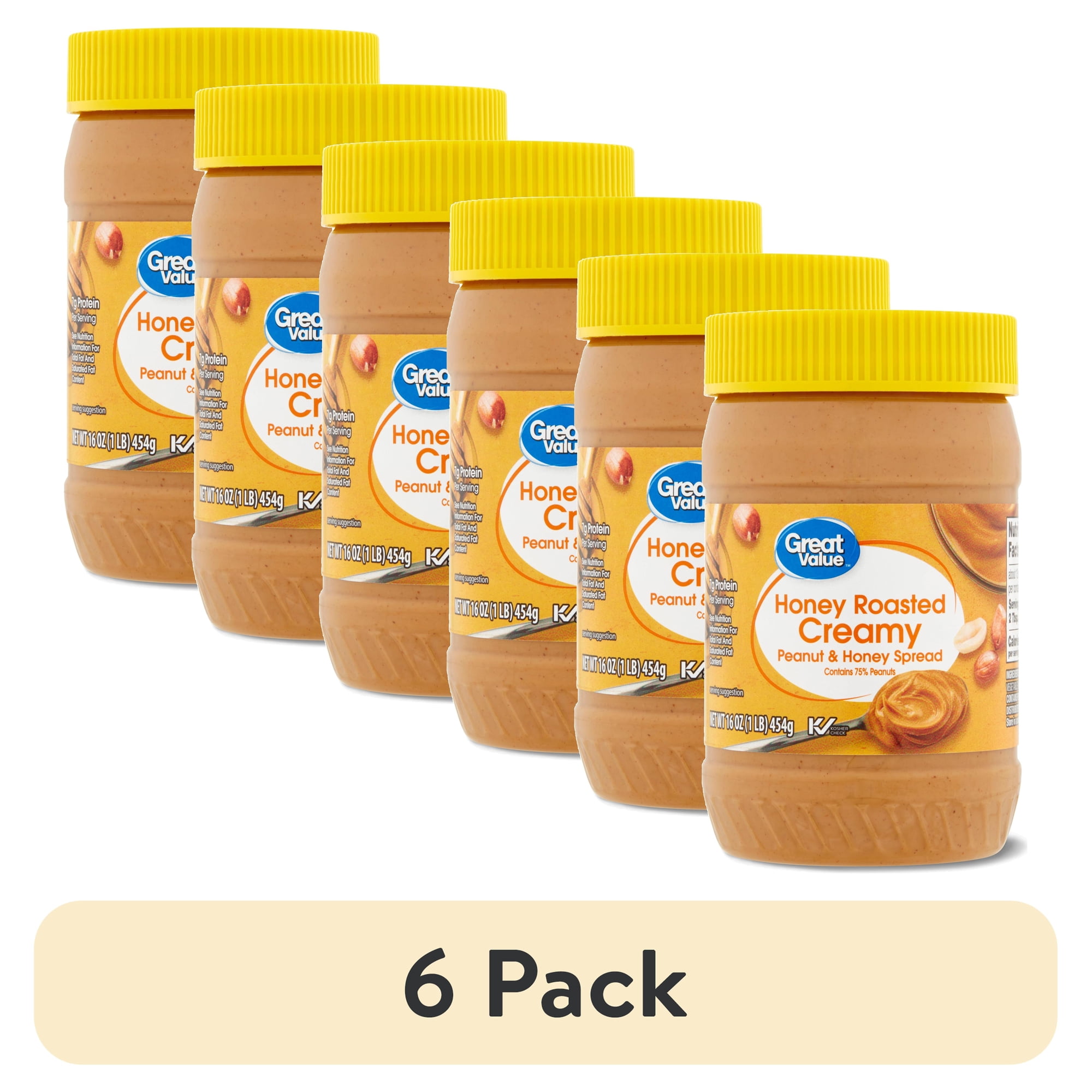 (6 pack) Great Value Honey Roasted Creamy Peanut and Honey Spread, 7 Grams of Protein, 16 oz