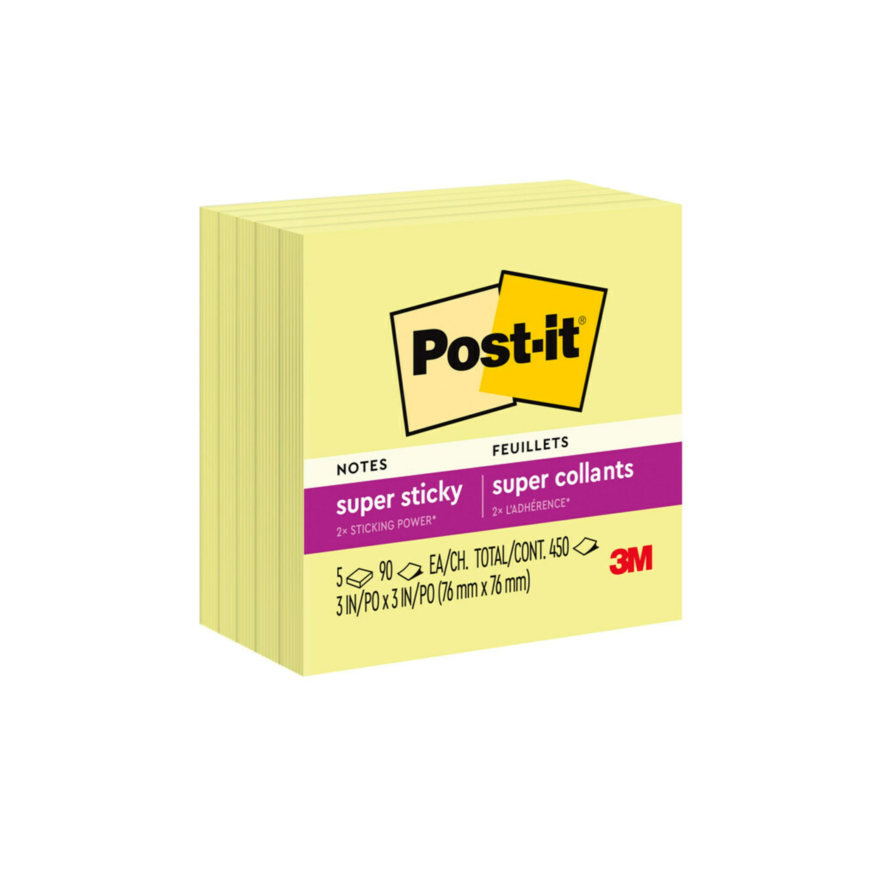 Post-it Super Sticky Notes, 3 x 3, Canary Yellow, 5 Pads