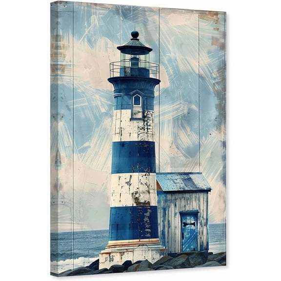 ZHONGYUTONG Lighthouse Wall Art Navy Blue Canvas Ocean Seascape Picture Print Vintage Coastal Painting for Living Room Decor Framed (12.00" x 18.00")