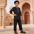 thumbnail image 6 of VNKIDY Boys Kids Two Piece Traditional Outfit Set Long Sleeve Embroidered Henley Tunic Matching Long Pants Casual Set For Holiday Daily Wear Black 9-10 Years, 6 of 6