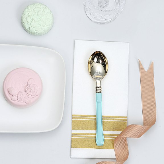 Efavormart 24 Pack 7" Plastic Spoon Golden Plastic Silverware with Blue Handle